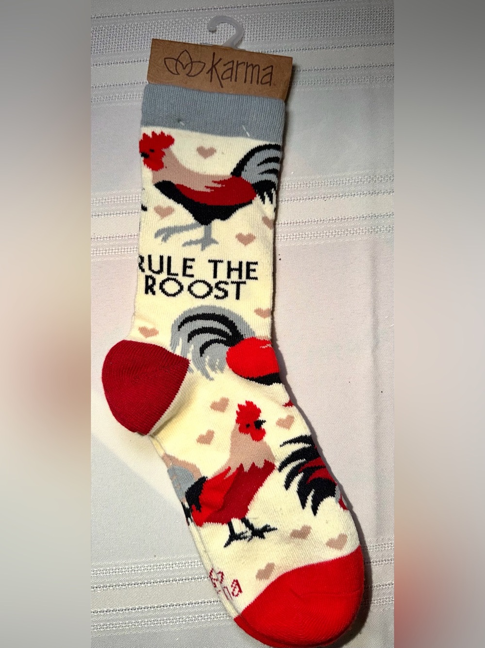 Karma Gifts Rule the Roost Rooster Chicken Crew Socks NWT One Size